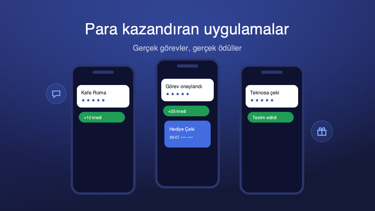 Para kazandıran uygulama ekranları: görev kartı, kredi bildirimi ve hediye çeki